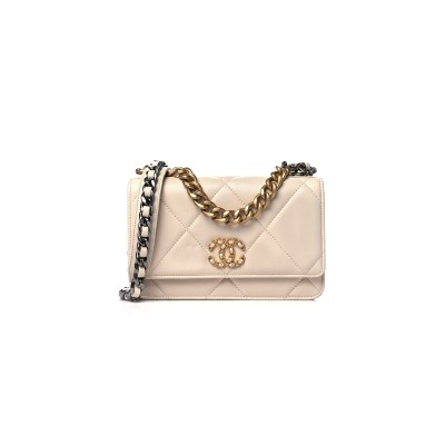 CHANEL GOATSKIN QUILTED 19 WALLET ON CHAIN WOC LIGHT BEIGE (19*12*4cm) 